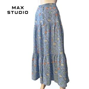 Max Studio Tiered Floral Peasant Skirt Maxi Prairie Button Front Layered